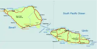 Carte des Samoa montrant le détroit d'Apolima entre Upolu (à droite) et Savai'i (à gauche).