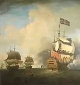 Samuel Scott, Un "First-rate" ramenant ses voiles, v. 1736, huile sur toile, 228,6 × 219,71 cm, Londres, National Maritime Museum, BHC1039