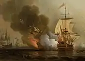 Samuel Scott, Action au large de Carthagène, 28 mai 1708, milieu du XVIIIe siècle, huile sur toile, 86,3 × 124,4 cm, Londres, National Maritime Museum, BHC0348