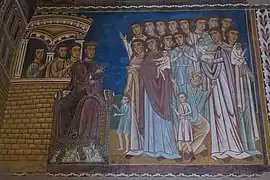 Fresques des Épisodes de la Vie du Pape Sylvestre (314-335). Scène 1 : Constantin, atteint de la lèpre, rassure des femmes et leurs enfants sur leur sort.