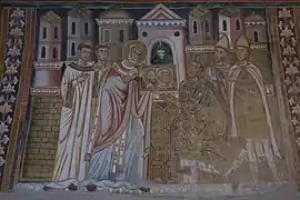 Fresques des Épisodes de la Vie du Pape Sylvestre (314-335). Scène 5 : Sylvestre, de retour à Rome, montre à Constantin les portraits de Pierre et Paul, afin qu'il puisse identifier les saints l'ayant visité dans son rêve.