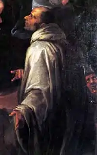 Ce saint Bernard, peint par Giovanni Battista Discepoli (1590-1660), reprend la coule monastique de Bernard de Clairvaux, avec le diable de Bernard de Menthon.