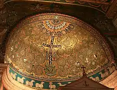 Mosaïque du XIIe siècle dans l'abside de la basilique Saint-Clément-du-Latran, illustrant la continuité à Rome des modèles antiques et paléochrétiens durant tout le Moyen Âge.