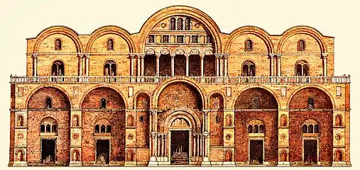 Basilique Saint-Marc à Venise. Art lombard et roman byzantin (hypothèse de reconstruction de la façade en brique).