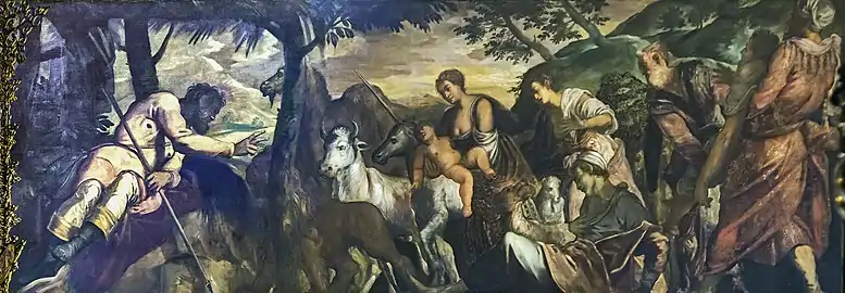 Image d'une peinture montrant dans un décor collinaire arboré, sur le côté gauche un personnage allongé tourné vers la droite bénissant de la main droite divers animaux dont un dromadaire, un lion, un bœuf et un cheval. Suivent de gauche à droite trois femmes dont une porte un enfant et trois hommes.