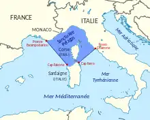 Une zone plus ou moins losangique autour de la Corse, s'étendant du nord de la Sardaigne aux côtes française et italienne.