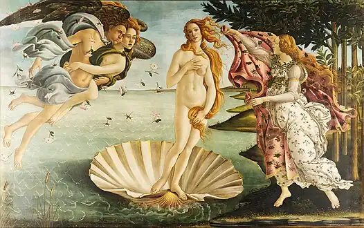 La Naissance de Vénus de Sandro Botticelli (1485), peinture tirée de la mythologie romaine.