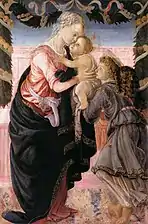 Sandro Botticelli, La Vierge à l'Enfant soutenu par un ange sous une guirlande.