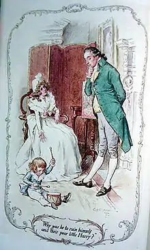 Gravure couleur.Une femme montre d'un geste dramatique son enfant qui joue par terre à son mari