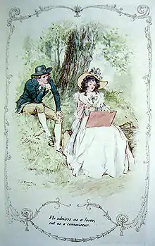Assis sous un arbre, une jeune fille dessine, un jeune homme la contemple