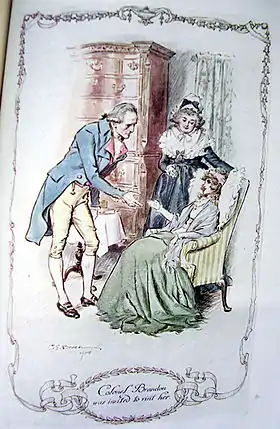 Illustration en couleurs. Un homme se penche pour saluer une jeune fille convalescente