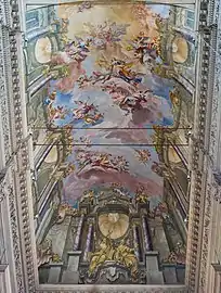 Le plafond de Chiesa di Sant'Afra (it), à la gloire de sainte Euphémie (voir Euphémie de Chalcédoine), à Brescia. Mars 2021.