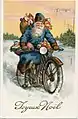 Santa vêtu de bleu chevauchant une motocyclette (années 1930).