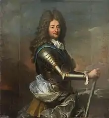 Tableau, en buste. En armure, main droite sur bâton de commandement.