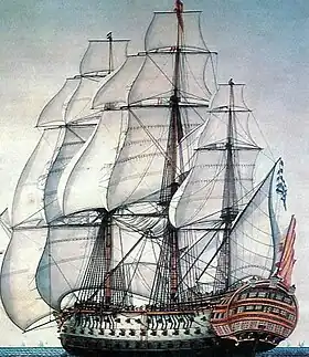 Le Santísima Trinidad espagnol. Lancé en 1769, c'est l’un des plus grands vaisseaux de son temps. Il porte trois, puis quatre ponts. Il est perdu en 1805 à la bataille de Trafalgar.