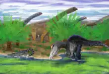 Illustration d'un Siamosaurus (à droite) avec un Sunosuchus (à gauche) et des Phuwiangosaurus (en arrière-plan)