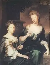 Tableau représentant deux femmes assises dans un décor arboré.