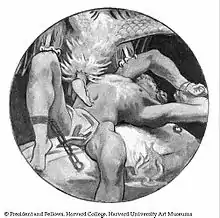 gravure noir et blanc dans un cercle : un homme allongé, enchaîné, un oiseau sur le ventre