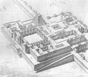 Tentative de reconstitution de la citadelle principale de Dur-Sharrukin avec le palais royal de Sargon II et divers édifices religieux.