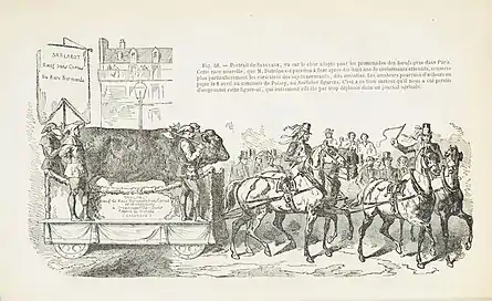 Gravure figurant sur un char, tiré par quatre chevaux, un bœuf et quatre hommes avec des haches