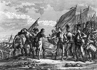 Gravure en noir et blanc : un homme donne son épée à un autre sur fond de soldats et drapeaux