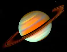 Image très colorée de Saturne oblique, avec des teintes allant de l'orange au jaune.