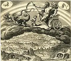 Saturne tenant une faux et assis dans un char tiré par deux dragons sur les nuages dans le ciel, d'après Maarten de Vos. 1585