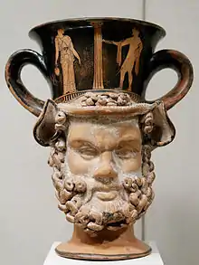 Canthare à figures de femme et de satyre attribué à Aison. Spina (Italie), v. 420 av. J.-C. Metropolitan Museum of Art