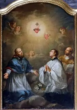 Saints jésuites en adoration devant les Sacrés-Cœurs de Jésus et Marie, œuvre non localisée.