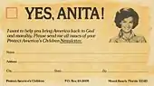 Bulletin de don à l'attention de Save Our Children arborant un portrait d'Anita Bryant