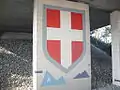 Blason de Savoie figuré en carreaux de céramique sur une pile du pont autoroutier d'Alby-sur-Chéran, Haute-Savoie