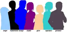 Représentations simplifiées des personnages de Saya no uta, diverses couleurs les distinguent.