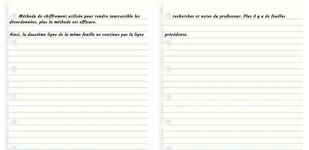 Deux feuilles de papier où un texte est chiffré via la méthode décrite.