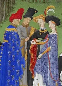 Fiançailles de Marie de Berry, fille du duc de Berry, et de Jean Ier de Bourbon le 27 mai 1400 ou celles de Bonne d'Armagnac avec Charles Ier d'Orléans, le 18 avril 1410 ? Avril, f.4.