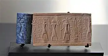 Sceau-cylindre du roi Addumu de Sidon, reprenant une iconographie d'inspiration égyptienne. XIIIe siècle av. J.-C., musée du Louvre.