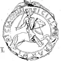 Dessin en noir et blanc d'un sceau médiéval représentant un chevalier en armure sur un destrier et portant épée et bouclier.