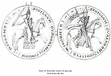 Deux dessins ronds avec la légende autour représentants des chevaliers armés à cheval