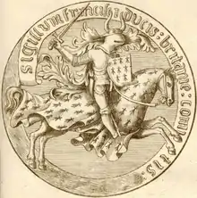 Dessin d’un sceau circulaire représentant un chevalier armé à cheval.