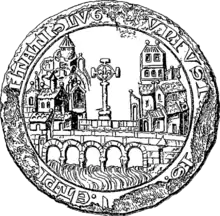 Pont de Saône stylisé sur le sceau de la ville de Lyon de 1271, avec la croix d'origine.