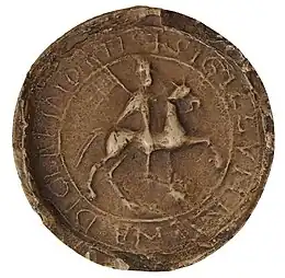 Moulage d’un sceau représentant un chevalier à cheval, armé et avec un gonfanon où on aperçoit un damier.