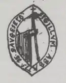 Dessin en noir et bans d'un sceau ancien représentant une manche d'habit, un bras et une crosse d'abbé.