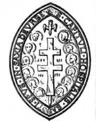 XVIe siècle: sceau du chapitre de l'hôpital de Rome ; croix double à branches presque droites. Arch. Hop. de Besançon.