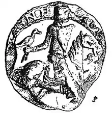 Gravure en noir et blanc montrant Gautier III en armure et à cheval, sur sa main droite est perché un faucon