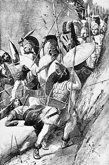 Dessin en noir et blanc d'hommes armés de lances et de boucliers s'affrontant dans un corps à corps dans un défilé rocheux