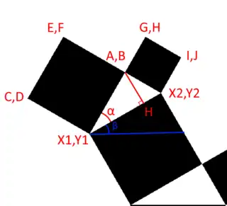 Schéma de la construction de l'arbre de Pythagore, angle différent de 45°