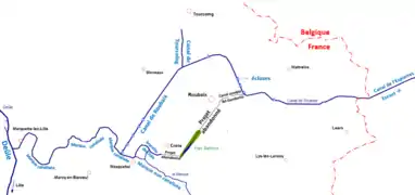 Schéma du canal de Roubaix avec ses embranchements et le projet abandonné (via l'actuel parc Barbieux).