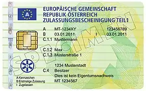 Recto du certificat d'immatriculation autrichien Partie I au format carte de crédit