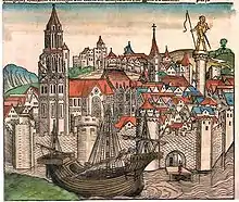Illustration représentant Paris au XVe siècle. Divers édifices religieux peuvent être aperçus, ainsi que des remparts au bord de la Seine sur laquelle se trouve une caravelle.