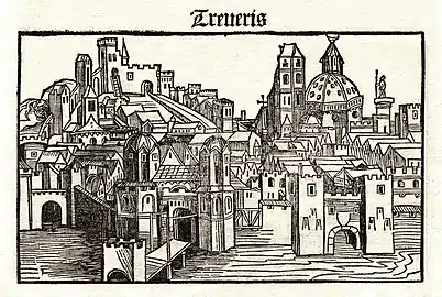 La ville de Trèves dans La Chronique de Nuremberg, représentation réalisée par Michael Wolgemut et présentée dans une édition de 1497.