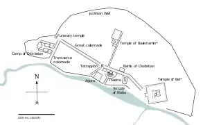 Carte schématique du site de la cité antique de Palmyre, Syrie.